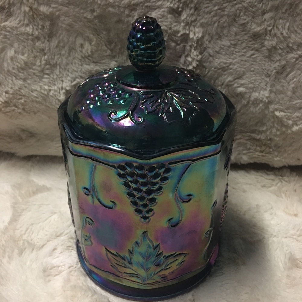 Blue Glass Carnival Jar Grapes and Leaves Candy jar with lid